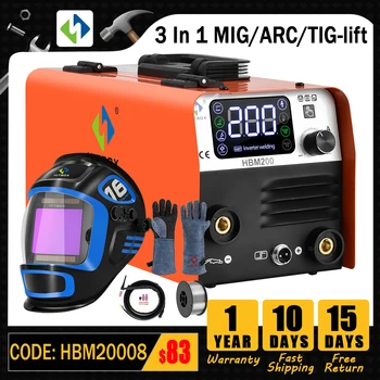 HITBOX מיג רתך HBM200 3 ב-1 חצי-אוטומטי מכונת ריתוך MMA/רתך טיג-להרים מהפך רתכת מיג ללא גז הבית.