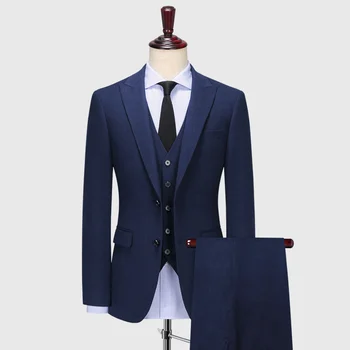חליפות גברים להגדיר 100% צמר לעבות רזה מעיל האפוד שאיפה 2022 בחורף החתונה החתן מקטורן ערב כחול עמוק בגדי אופנה