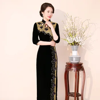 2020 חדש ומשופר Cheongsam הכלה את השמלה של אמא ארוך Cheongsam הסתיו והחורף נצנצים שחורים מסלול צ ' יפאו