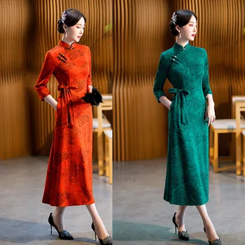 2023 אופנה שיפור ארוך 3/4 שרוול החגורה Cheongsam קו החצאית הסתיו והחורף יומי חדש Cheongsam הסינית השנה חדשה להתלבש
