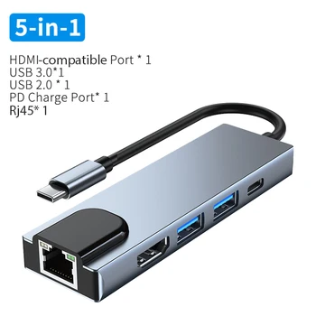 5 in 1 USB C רכזת מסוג-C-עד 100 מטר RJ45 Lan מתאם תמיכה 10Mbps 100Mbps רשת Ethernet עבור ה-MacBook Air Pro מחשבים ניידים אביזרים