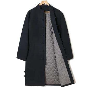 איכות גבוהה Hanfu בסגנון סיני טאנג חליפת פשתן כותנה עבה מעיל חורף כותנה בגדים גברים ארוך שחור צי סין ז ' קט מקסימום