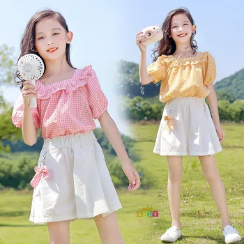 בנות החולצה המשובצת סטים קיץ של ילדים חמוד צוואר מרובע קצר עם שרוולים קצרים 2Pcs סט תלבושות ילדים Loungewear חליפות בגדים.