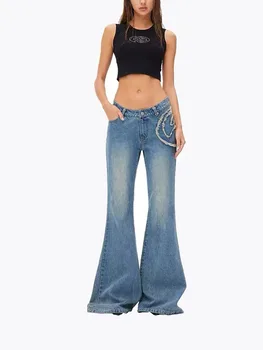 y2k קיץ שטוף אפליקציה רקמה שיער שפם Jeans2023 אופנה נמוך המותניים התרחבו מכנסיים סלים סלים כותנה אישה מכנסיים