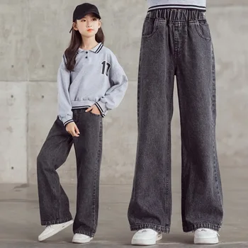 ג 'ינס בנות אופנה Gredient כותנה צבע ג' ינס רחב הרגל המכנסיים אביב סתיו חדש Arrvials קוריאנית ילדים אופנת רחוב מכנסיים