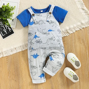 0-2 בן תינוק של קיץ סט כחול צוואר עגול שרוול קצר חולצה אפורה דינוזאור הדפסה רצועת המכנסיים 68-92