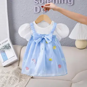2023 שמלת קיץ לנערות Kawaii התאמת ללבוש עבור התינוק ילדה ילדים Cjlothes קיץ מודפס Rompers Bowknot השמלה ילדים סרבל