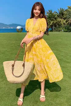 הקיץ בוהמי צהוב נשים בכיר הגיוני V שיפון צוואר גבוה המותניים רזה טמפרמנט אלגנטי אופנה נופש שמלה ארוכה