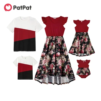 PatPat המשפחה התאמת פרחוני הדפסה משולבים מוצק צוואר V רפרוף שרוולים ושמלות קצרות-שרוול Colorblock חולצות סטים