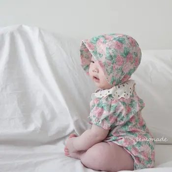 2023 הקיץ החדשה התינוקת פרחוני בגד גוף כותנה נוח לנשימה תחרה צווארון סרבל תינוק פעוט בגדים עם הכובע