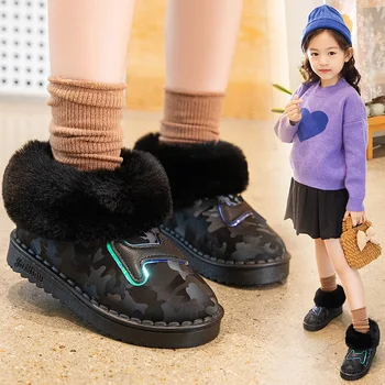 ילדים מוצק לשני המינים חורף מגפי בנות בנים נעלי ילדים מגפי שלג קטיפה קרסול מגפי אופנה שטוח עגול הבוהן כותנה מרופדות, נעלי