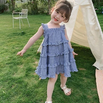 חדש בנות קיץ ללא שרוולים צוואר מרובע אופנה מתוק כחול משובץ השמלה ילדים העוגה חצאית קיץ לילדים Suspender השמלה