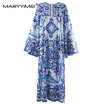 MARYYIMEI חדש אופנה אביב קיץ בציר שמלה עם שרוולים ארוך כחול-לבן 