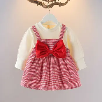 תינוק תינוק להתלבש להגדיר האביב ובסתיו בגדי בנות שמלת להגדיר אופנה משובצת Bowknot שמלת נסיכה של ילדים להתלבש