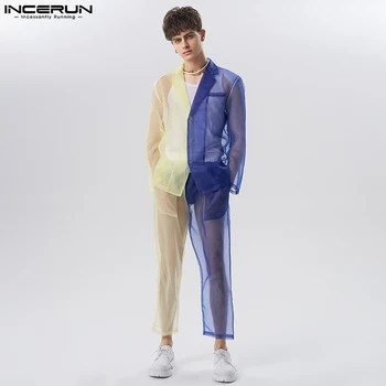 INCERUN 2023 בסגנון אמריקאי אופנה לגברים מגדיר רשת ניגודיות צבע טלאים מקסימום מכנסיים מזדמנים למכור חם 