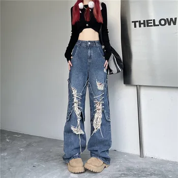 2023 הקיץ שבור שרוך נשים ג ' ינס Y2K הגירסה הקוריאנית גבוהה Waisted רגל ישרה מכנסיים לנשים רפויים רחב הרגל