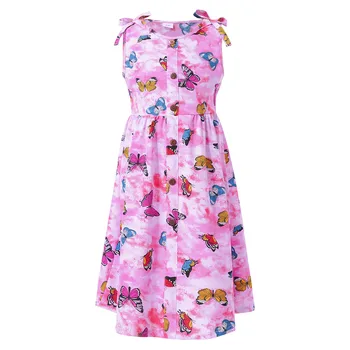 בקיץ ילדים חדשים בנות פרפר הדפסה שמלת קיץ ללא שרוולים שמלות מזדמנים ללבוש יומיומי צוואר עגול Bowknot כפתורי עץ קו-שמלה