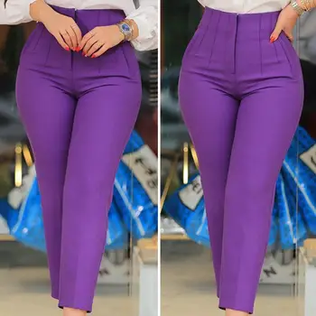 חדש לנשים המכנסיים גבוהים מותניים קפלים כיסים ט-אורך מוצק צבע רגל ישרה עסקים מכנסיים Workwear