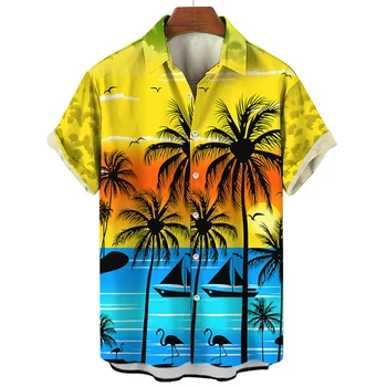 חולצת הוואי לגברים קיץ שרוול קצר בגדי גברים עץ קוקוס הדפסת צווארון פולו אחת עם חזה גברים החולצה של חופשה העליון