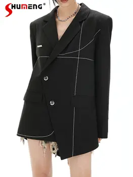 רחוב אסימטרי עיצוב חליפה שחורה מעיל נשים 2023 האביב החדש תעשייה כבדה מזדמן מגמה שרוול ארוך קו בהיר בלייזר מעיל