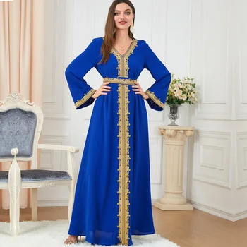מרוקאי גלימה דובאי, טורקיה המוסלמית השמלה נשים כחול Abaya אלגנטית גברת האסלאמית בגדים Jelaba עיד מובארק Djellaba פאטאל