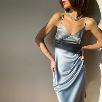 2022 נשים סאטן עמוק צוואר V שמלה סקסית מוצק ישר מסיבת פיג ' מות להתלבש אלגנטי נשי קיץ ספגטי רצועת שמלה מזדמן