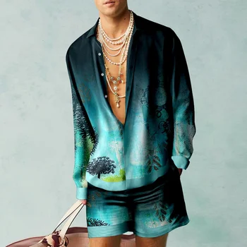 מקרית פשוטה של גברים קובנים צווארון החולצה מופשט הדפסה עיצוב אופנה קיץ חולצת שרוול ארוך להגדיר אנשים מגמה מקסימום רחוב גברים אנחנו.