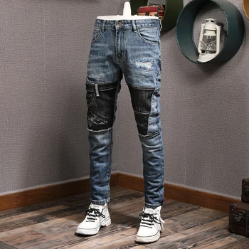 אופנת רחוב אופנה גברים ג 'ינס רטרו כחול מתיחה אלסטי Slim Fit ג' ינס קרועים גברים מכנסיים תיקון מעצב היפ הופ מכנסיים גבר