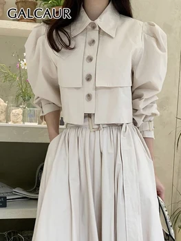 GALCAUR מוצק אופנה חולצות לנשים דש שרוול ארוך בודד עם חזה קפלים טלאים קוריאנית קצר חולצה נשית אביב החדשה