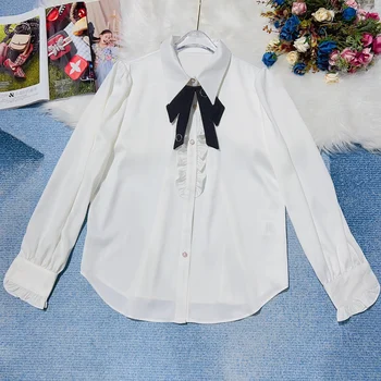 חדש בגדי נשים באביב ובקיץ 2023 פאף שרוול פרפר עניבת פרפר אופנה חולצה לבנה 0301
