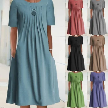 מוצק קיץ חדש Slim Fit לנשים אלגנטי צוואר עגול שרוול קצר סוודר אופנה קפלים לוח כיס אמצע אורך השמלה