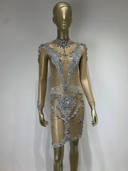 2023 חדש נשים סקסי שרוולים ארוכים או הצוואר קריסטל יהלומים חרוזים Midi שמלת Bodycon מפורסמים אלגנטי ערב מסיבת מועדון שמלה