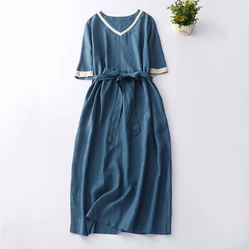 NYFS 2023 קיץ חדש בציר אישה השמלה Vestidos החלוק אז תוציא את פאם Elbise מוצק צבע רופף פשתן v-צוואר שמלות ארוכות