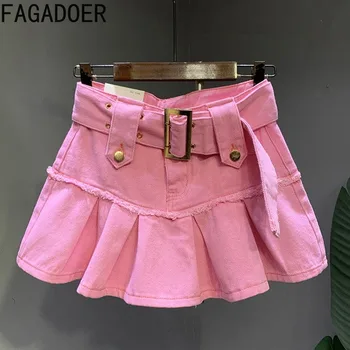FAGADOER Harajuku Y2k ורוד ג 'ינס חצאיות לבנות ויפות קפלים חצאיות מיני נשים 2023 החדש גבוה מותן קפלים ג' ינס מכנסיים קצרים חצאיות נשים