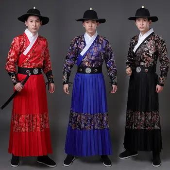 ליל כל הקדושים Cosplay הסינית המסורתית העתיקה דפוס דרקון אדום Hanfu Mens חלוק כובע קם השומר סמוראי תחפושת החתונה סטים