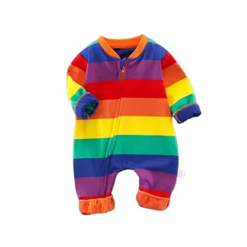 היילוד סתיו אביב פסים בצבעי הקשת רומפר רוכסן ארוך שרוולים גפן בבה Rompers תינוק תינוק חליפת בגדים 0-12M