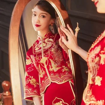 הכלה פיניקס לרקום חתונה שמלת טוסט לבוש סיני מסורתי אלגנטי Cheongsam קלאסי עם שרוולים ארוכים צ ' יפאו