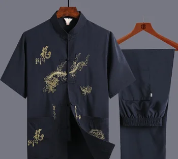 סיטונאי אנשים חדשים בסגנון סיני טאנג חליפה רקומה הדרקון שרוול קצר קונג-פו אומנות לחימה בגדים Hanfu פיג ' מה להגדיר M-XXXL