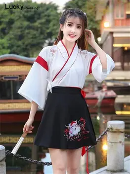 הלבוש היפני הקימונו האישה שחור חתול לבן רקמה חצאיות בציר אסיה בגדים Yukat מסיבת אנימה קוספליי harajuku תחפושת