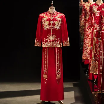 מסורתית הדרקון רקמה חתן מזרחי החתונה בגדים סיניים סטים החלוק Vestido גודל S-2XL