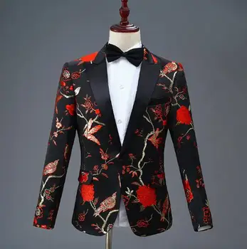 סגנון חדש של גברים חליפה מודפס דפוס ארוך שרוול סלים כותנה החליפה מעיל ז ' קט ABB59