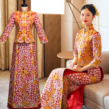 נקבת דרקון ופניקס רקמה בסגנון סיני שמלת חתונה אלגנטית Cheongsam נישואין להגדיר הכלה תחפושת סלים טוסט Clothin
