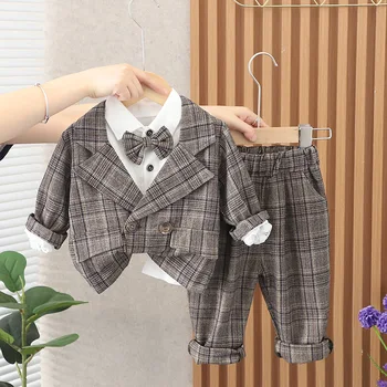 KEAIYOUHUO סתיו סגנון קוריאני הקטנות בגדים חולצה +מעיל + מכנסיים 3Pcs סטים עם עניבה עבור ילדים קטנים יום הולדת 1 בגדים