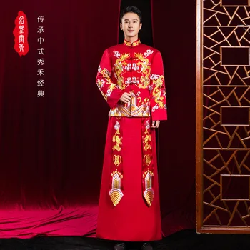 2022 מודרנית חדשה משופרת סינית מסורתית הדרקון רקמה זמן החתן Cheongsam החליפה רטרו מסוגנן להתחתן עם Cheongsam עבור גברים