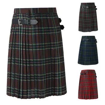 גברים חצאית קפלים חצאית סקוטית מסורתית האופנה תלבושות הבמה חצאית מזדמן רטרו בסגנון סקוטי צד חצאיות