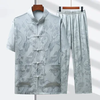Yourqipao 2023 הקיץ עם שרוולים קצרים טאנג חליפת אימון בוקר טאי צ ' י בגדים בסגנון סיני מקסימום מכנסיים ערכות לקשישים גברים