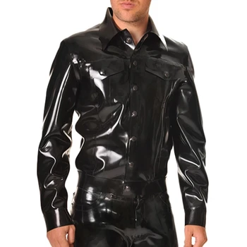 שחור סקסי לטקס ' קט עם האזיקים כפתורים כיסים קדמיים מגומי המעיל לגברים ללבוש.