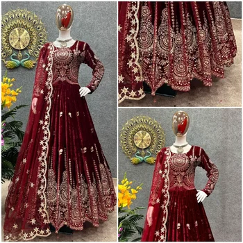 הדופטה Partywear יין אדום שמלת התלקח קורטה ההודי Anarkali קורטה Kurti מעצב