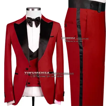 אדום רשמית חליפות חתונה Slim Fit Mens מעיל שחור לשיא Laple ' קט+אפוד+מכנסיים החתן לובש עסקים מסיבת חליפות בהזמנה אישית