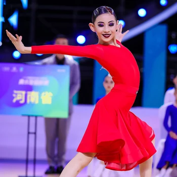 בנות ריקודים לטיניים תחרות שמלת שרוול ארוך חולצות אדומות חליפת חצאית Professional רומבה אימון בגדים סמבה תחפושות DWY8191